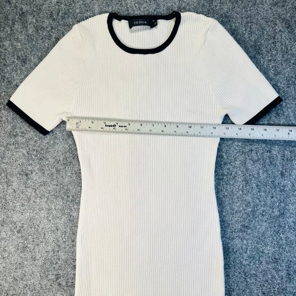 ZESICA WMNS White Ribbed Knit Sweater Large Black Trim Preppy Stretchy Pullover - Picture 4 of 9